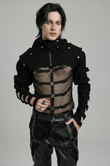 Black Stand Collar Hooded Cutout Men's Punk Jacket - Product - 3