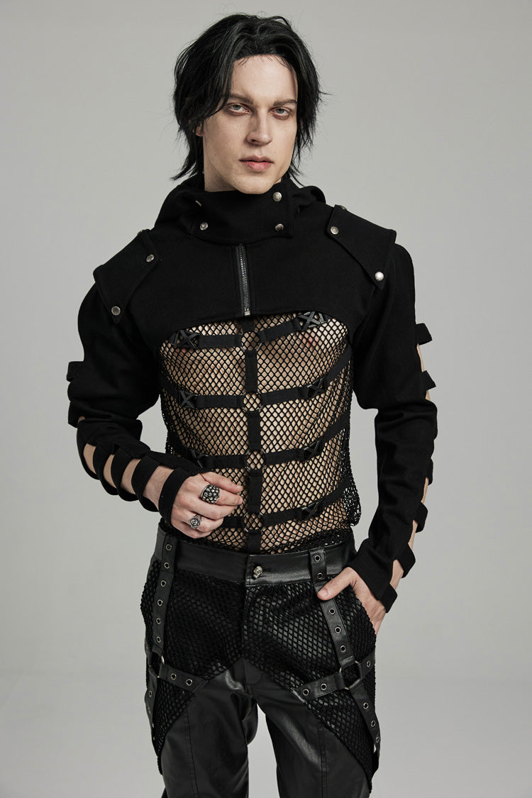 Black Stand Collar Hooded Cutout Men's Punk Jacket - Product - 3