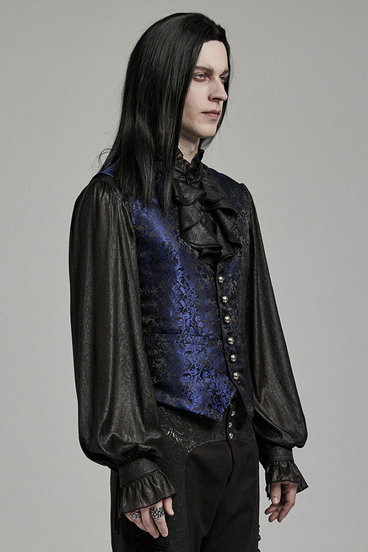 Black/Blue V Collar Jacquard Lace-Up Men's Gothic Vest - Product - 2