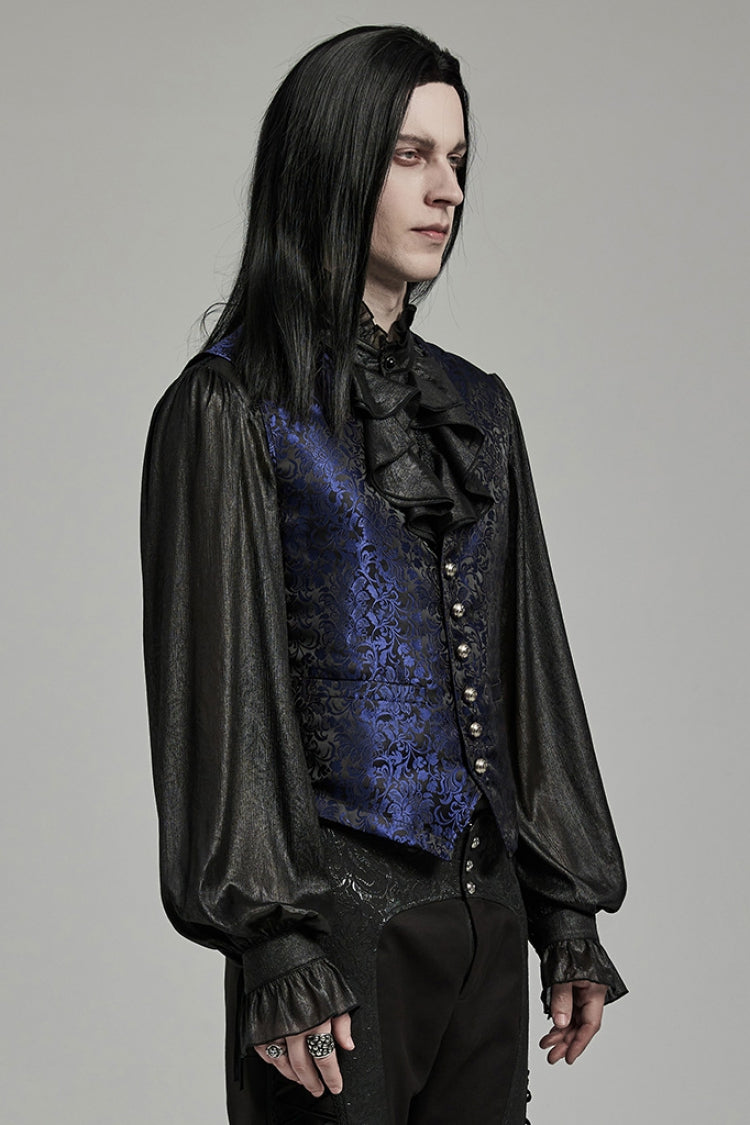Black/Blue V Collar Jacquard Lace-Up Men's Gothic Vest - Product - 2