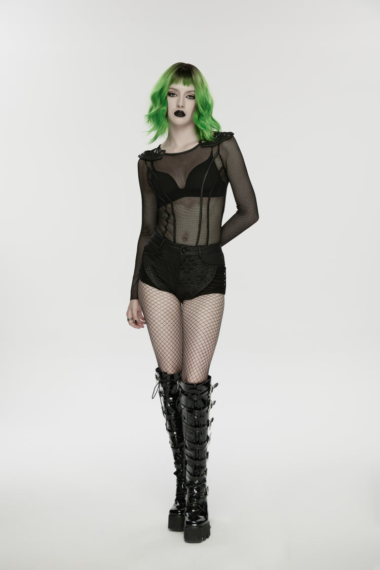 Black Low Waisted Cut-Out Irregular Eyelet Women's Punk Shorts - Product - 10