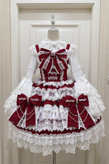 Wine Red [Knot of the Crossed Heart] Sleeveless Multi-Layered Ruffle Hanayome Cardigan Bowknot Lace Lace-Up Sweet Lolita Jsk Dress - Product - 3