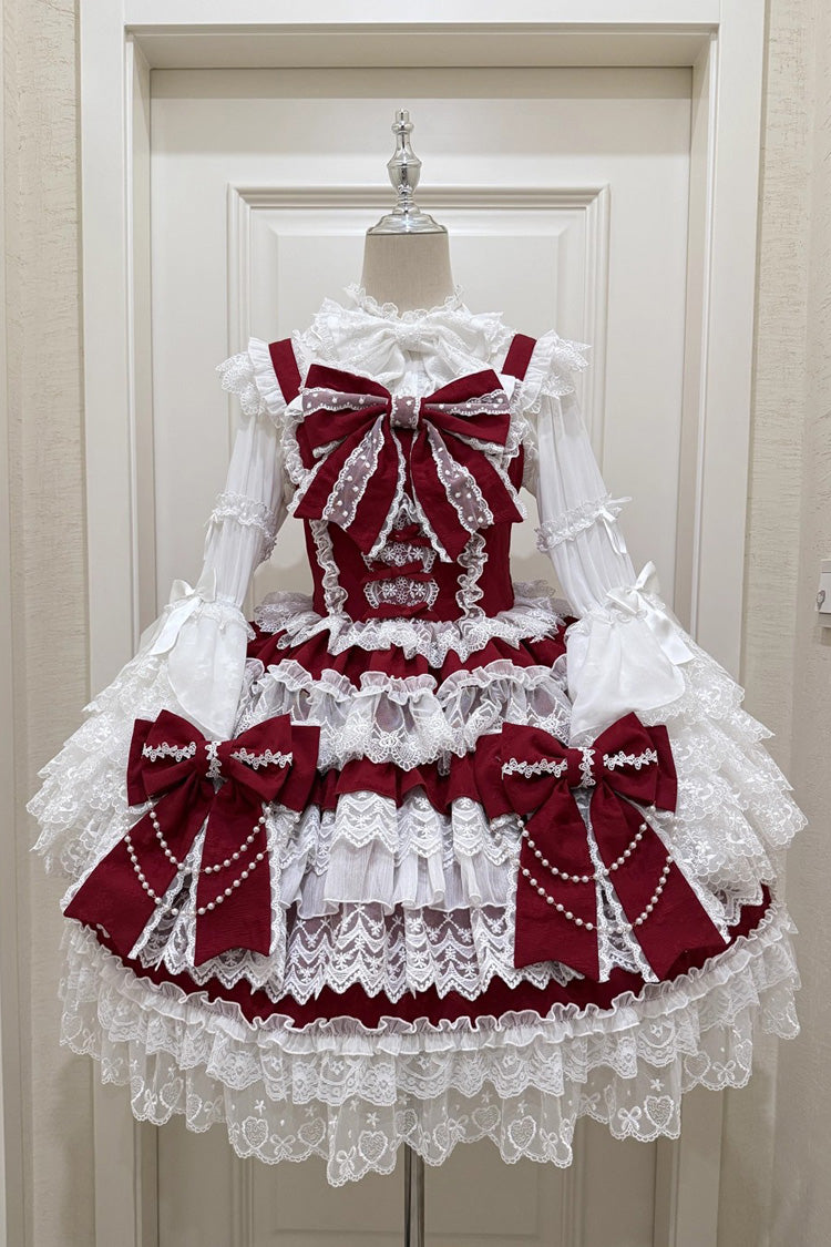 Wine Red [Knot of the Crossed Heart] Sleeveless Multi-Layered Ruffle Hanayome Cardigan Bowknot Lace Lace-Up Sweet Lolita Jsk Dress - Product - 3