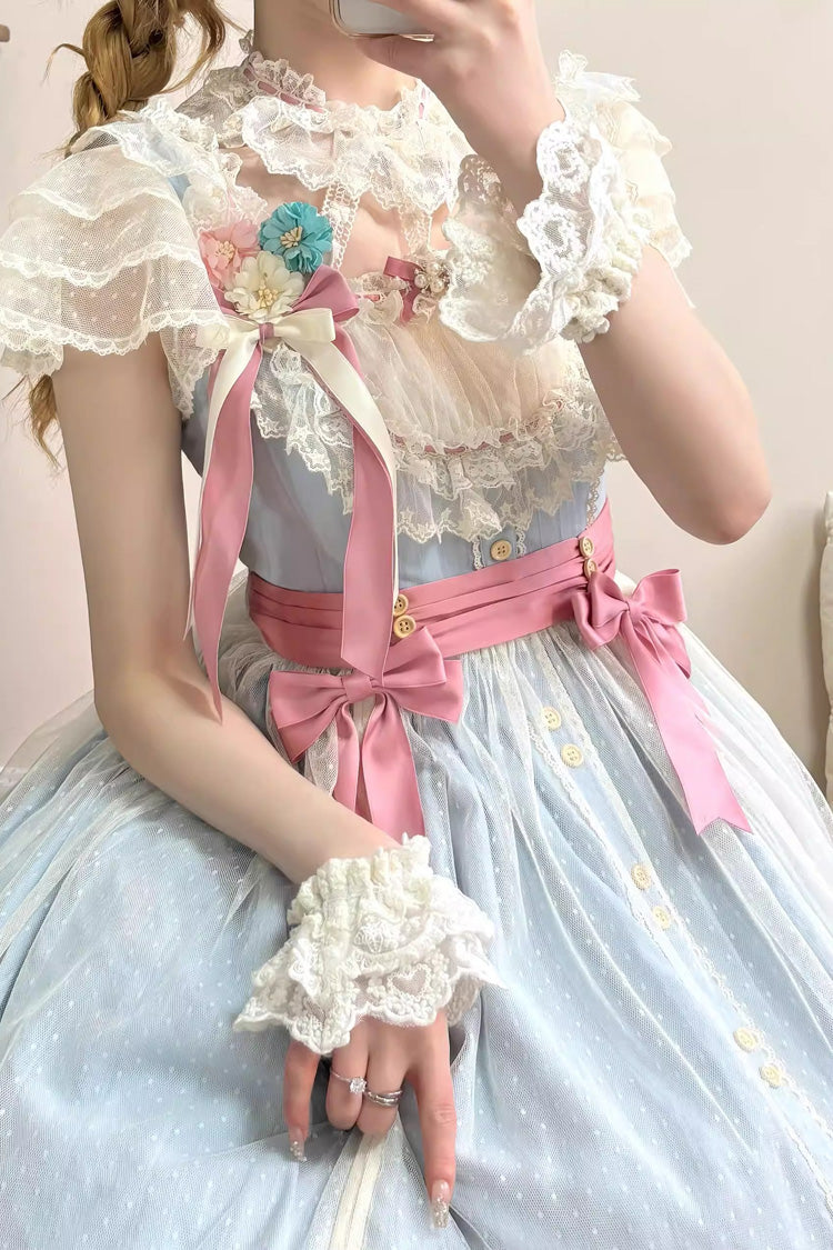Blue [Sakura’s Spring Resonance] Sleeveless Ruffled Bow Sweet Lolita Jsk Dress (Short Version) - Product - 6