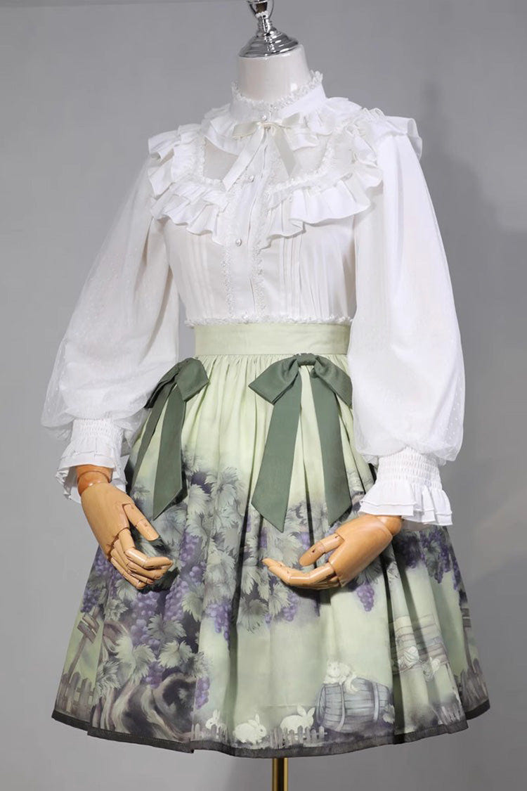 Green Grapes and Vines Print Bowknot Lolita Skirt - Green - 1