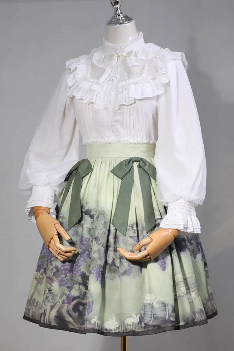Green Grapes and Vines Print Bowknot Lolita Skirt - Green - 1