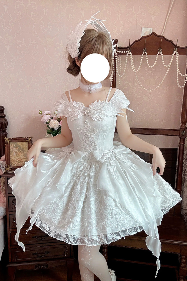 White [Feathers Floating In The Air] Square Collar Flutter Sleeves Embroidered Bow Lace Sweet Lolita Jsk Dress - White - 1