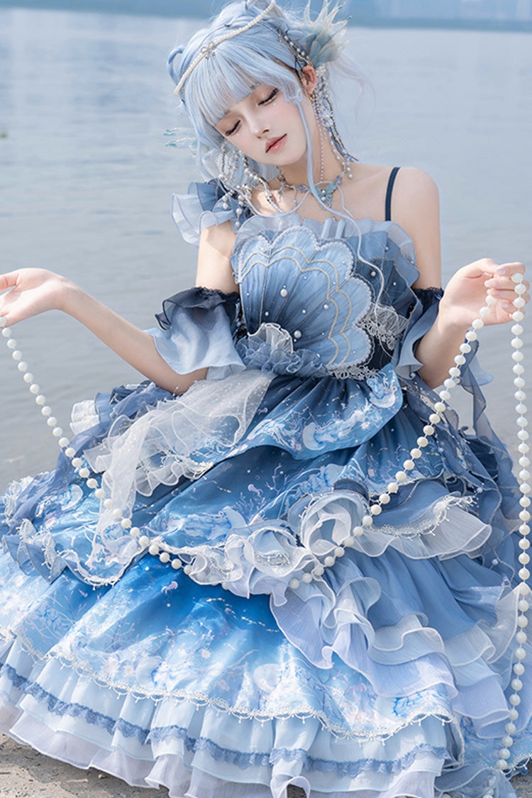 Blue [Jellyfish] Gradient Print Ruffle Embroidery Bowknot Lace Asymmetric Sweet Elegant Lolita Jsk Dress - Product - 11