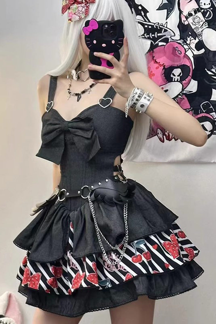 Black Cherry Sleeveless Triple-Layered Print Ruffle Bowknot Denim Sweet Japanese Vintage (Dress Only) detail view 6