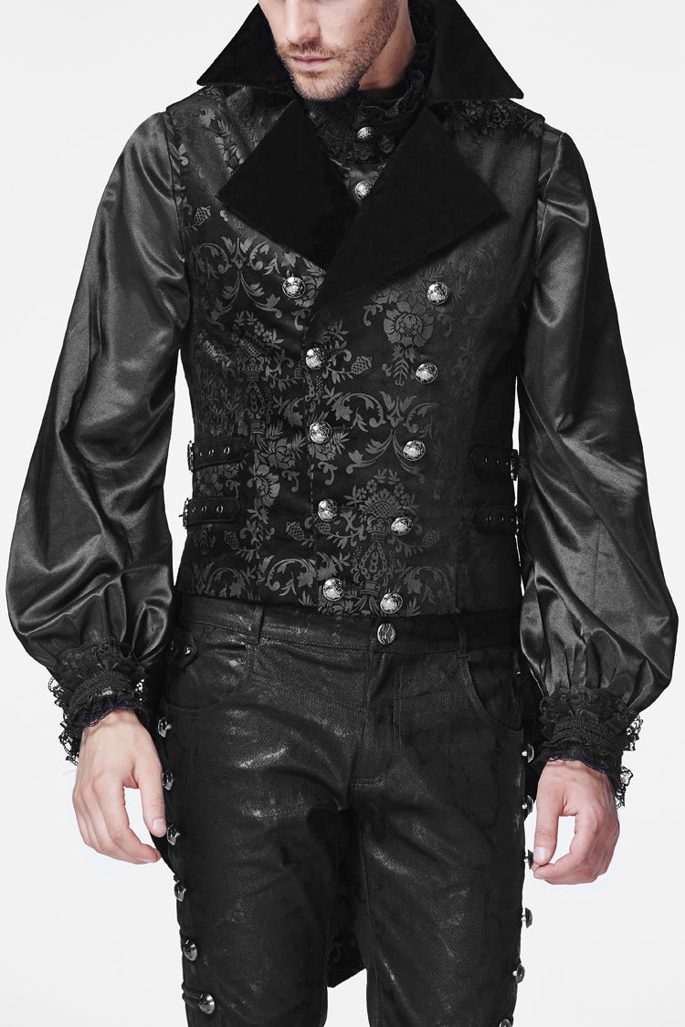 Black Double-Breasted Swallowtail Hem Print Mens Gothic Vest - Black - 1