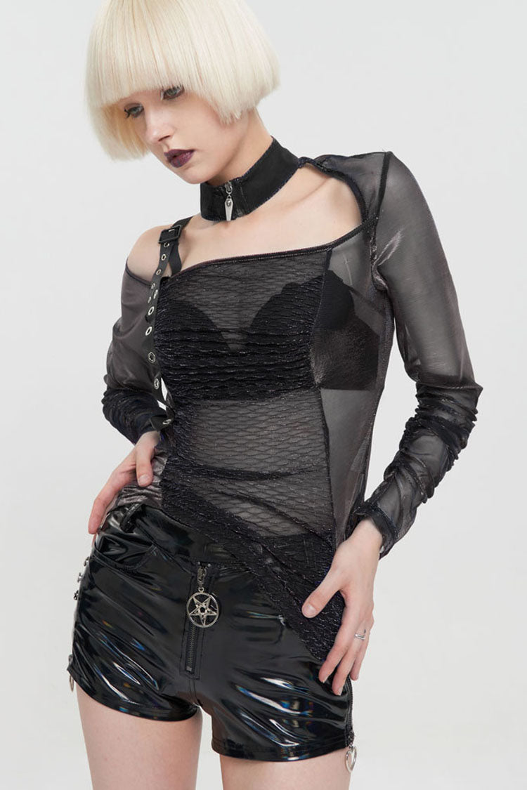 Black Long Sleeve Neck Zipper Asymmetric One Shoulder Strap Mesh Women's Punk T-Shirt - Product - 2