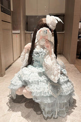 Blue [Sweetheart Diary] Multi-Layered Ruffle Hanayome Embroidery Bowknot Lace Sweet Lolita Jsk Dress - Product - 5