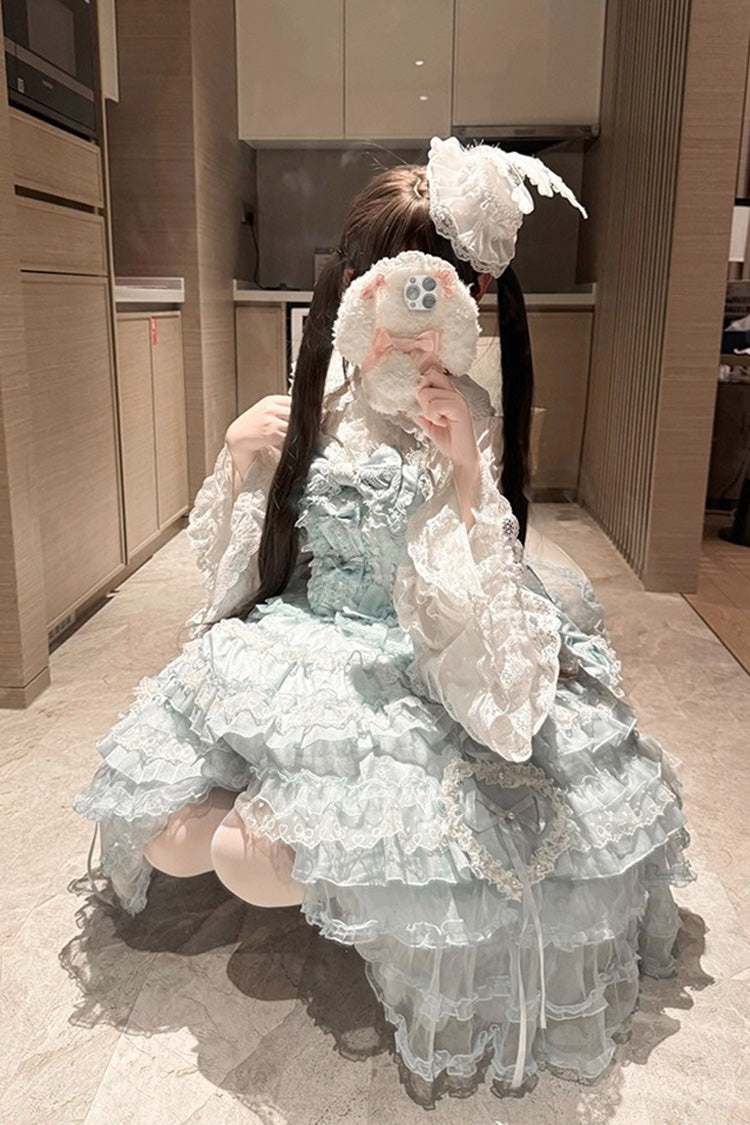 Blue [Sweetheart Diary] Multi-Layered Ruffle Hanayome Embroidery Bowknot Lace Sweet Lolita Jsk Dress - Product - 5