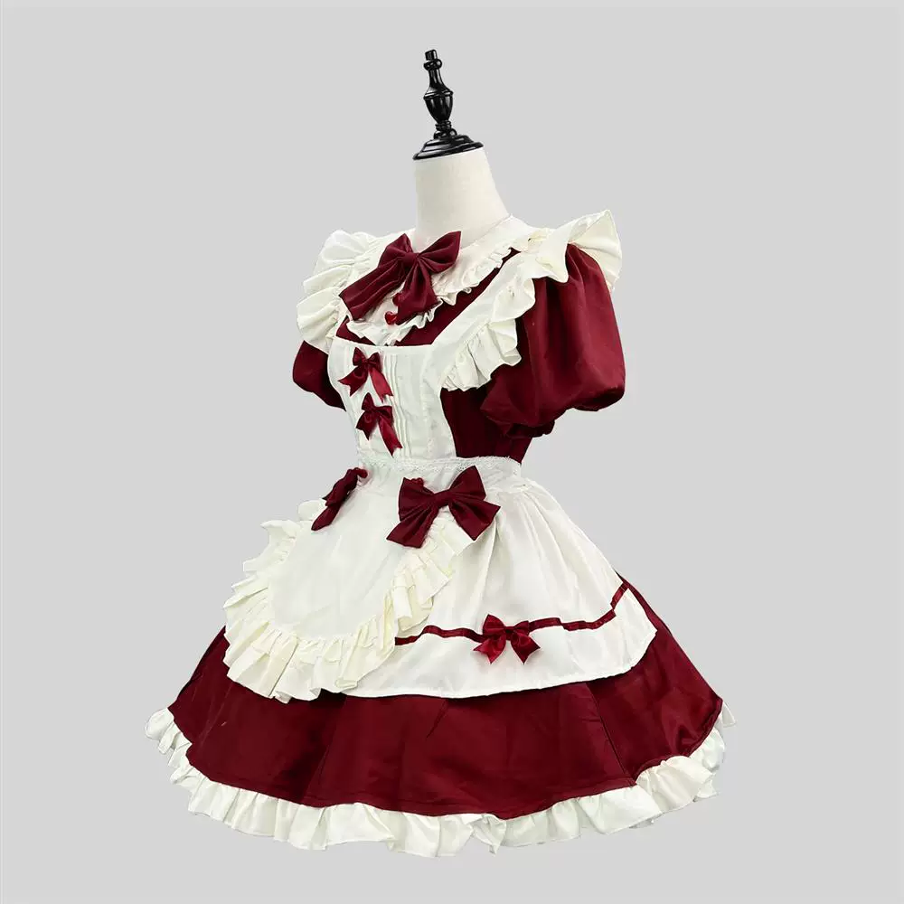 Burgundy and White Lace Gothic Maid Lolita Dress Set with Bell Bows - view 3