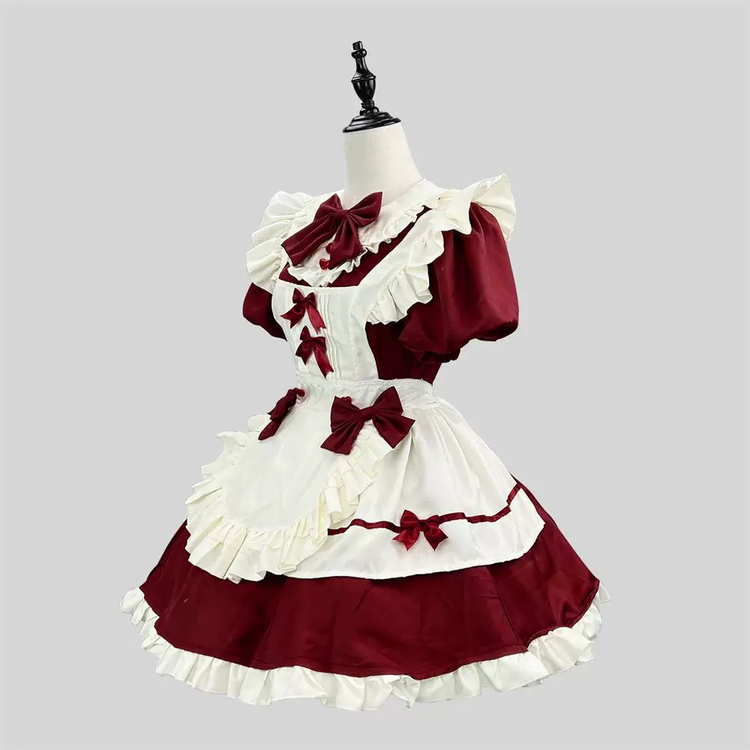 Burgundy and White Lace Gothic Maid Lolita Dress Set with Bell Bows - view 3
