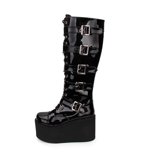 Black Cross Patent Leather Lace Up Long Gothic Lolita Boots - Product - 3