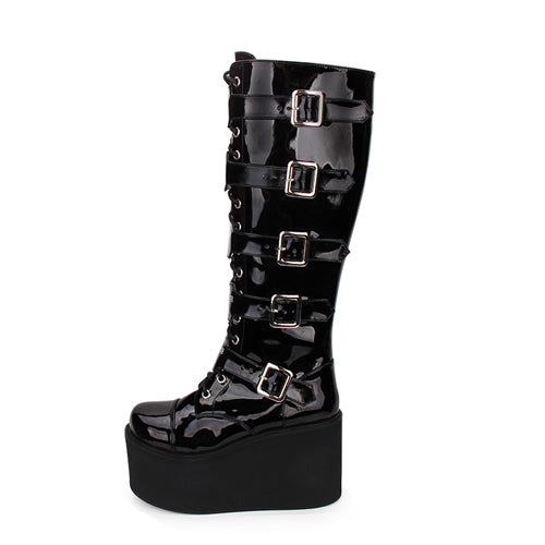Black Cross Patent Leather Lace Up Long Gothic Lolita Boots - Product - 3