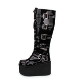 Black Cross Patent Leather Lace Up Long Gothic Lolita Boots - Product - 3