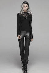 Black Crack Velvet Splice Knit PU Leather Metal Buckle Connect Chain Women's Punk Leggings - Product - 4
