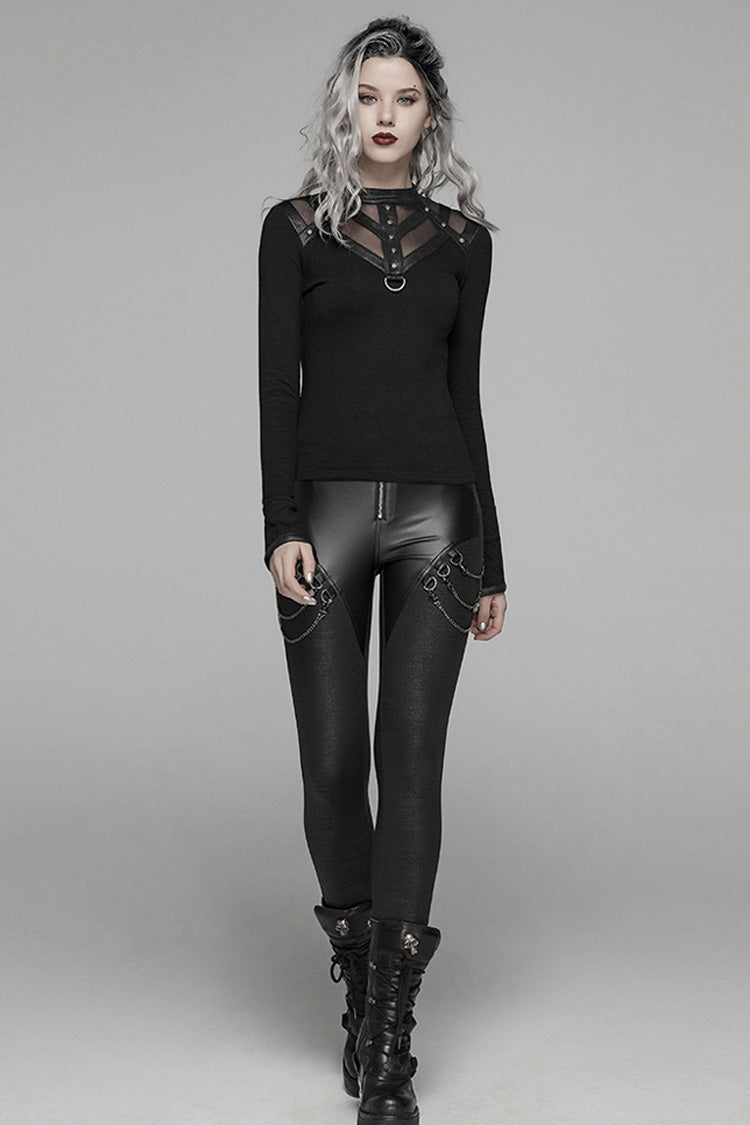 Black Crack Velvet Splice Knit PU Leather Metal Buckle Connect Chain Women's Punk Leggings - Product - 4