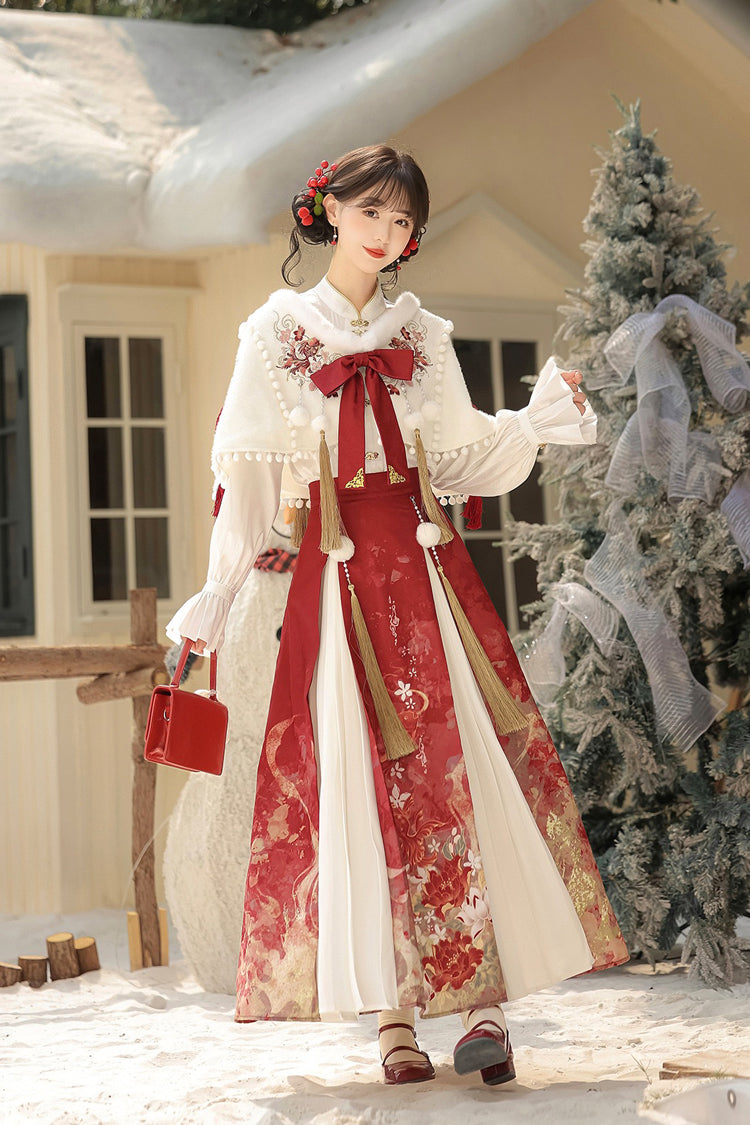Red/White Lapel Collar Long Sleeves High Waisted Jacquard Print Embroidery Pleated Women's Chinese Style Gorgeous Hanfu Dress Set - Product - 2