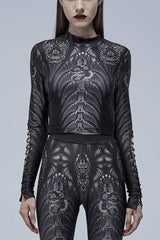 Black/Grey Gothic Perspective Elasticity Skeleton Print Cross Tie Rope Design Mesh Women's T-Shirt - Black/Grey - 1