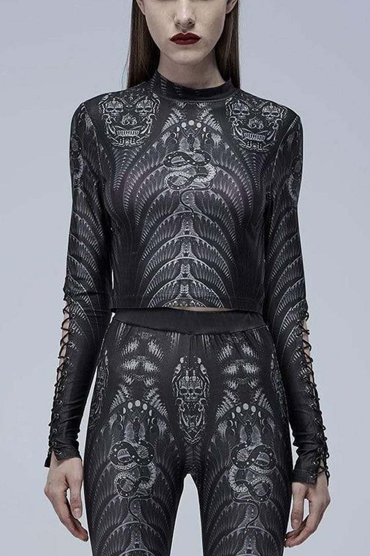 Black/Grey Gothic Perspective Elasticity Skeleton Print Cross Tie Rope Design Mesh Women's T-Shirt - Black/Grey - 1