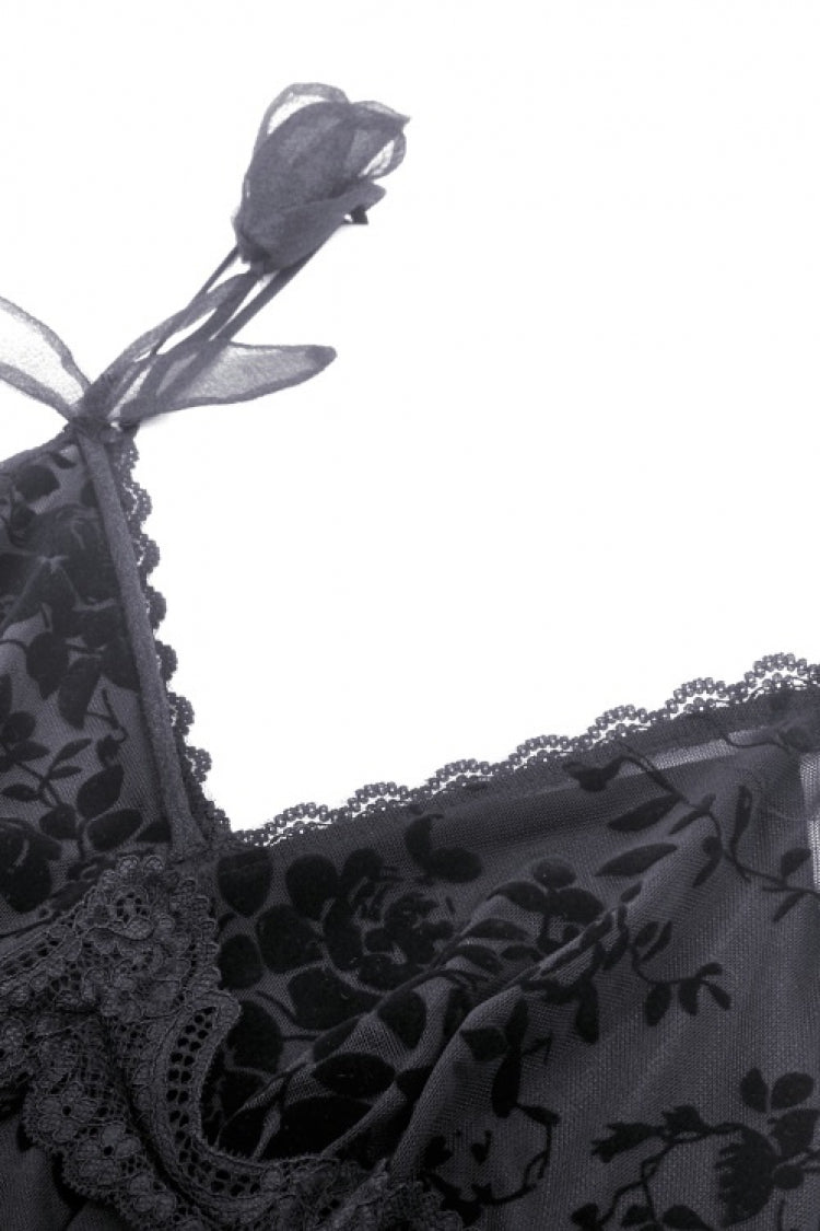 Black Sleeveless Lace Lace-Up Women's Gothic Maxi Rose Slip Dress - Product - 15