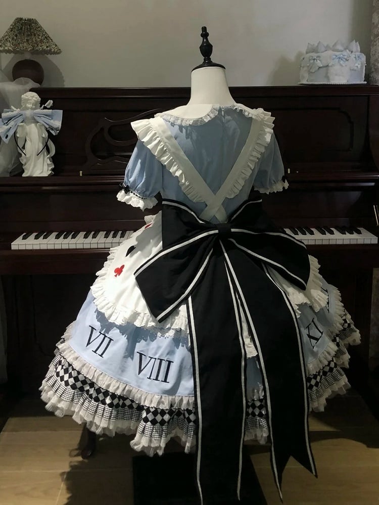 Blue & White Alice in Wonderland Sweet Lolita Dress + Apron detail view 3