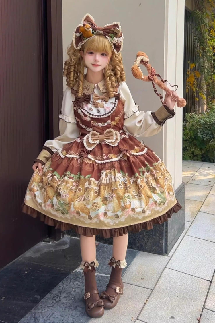 Brown [Squirrel Chocolate Shop] Sleeveless Printed Ruffled Bow Sweet Lolita JSK Dress with Blouse - Brown - 1