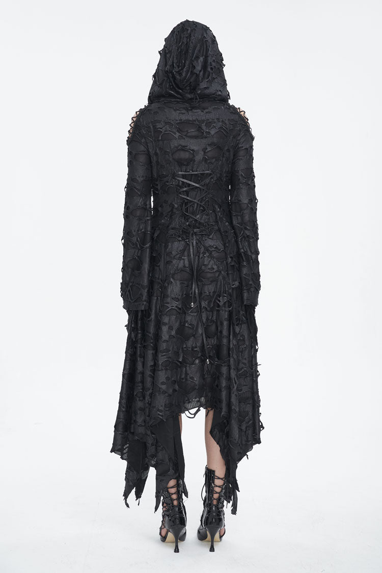 Black Long Trumpet Sleeves Irregular Hooded Womens Gothic Dress - Product - 7