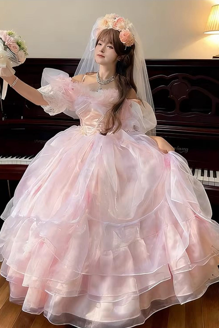 Pink [Mist Sea] Halterneck Short Sleeves Multi-Layered Ruffled Hanayome Bow Lace Sweet Plus Size Lolita Dress - Pink - 1
