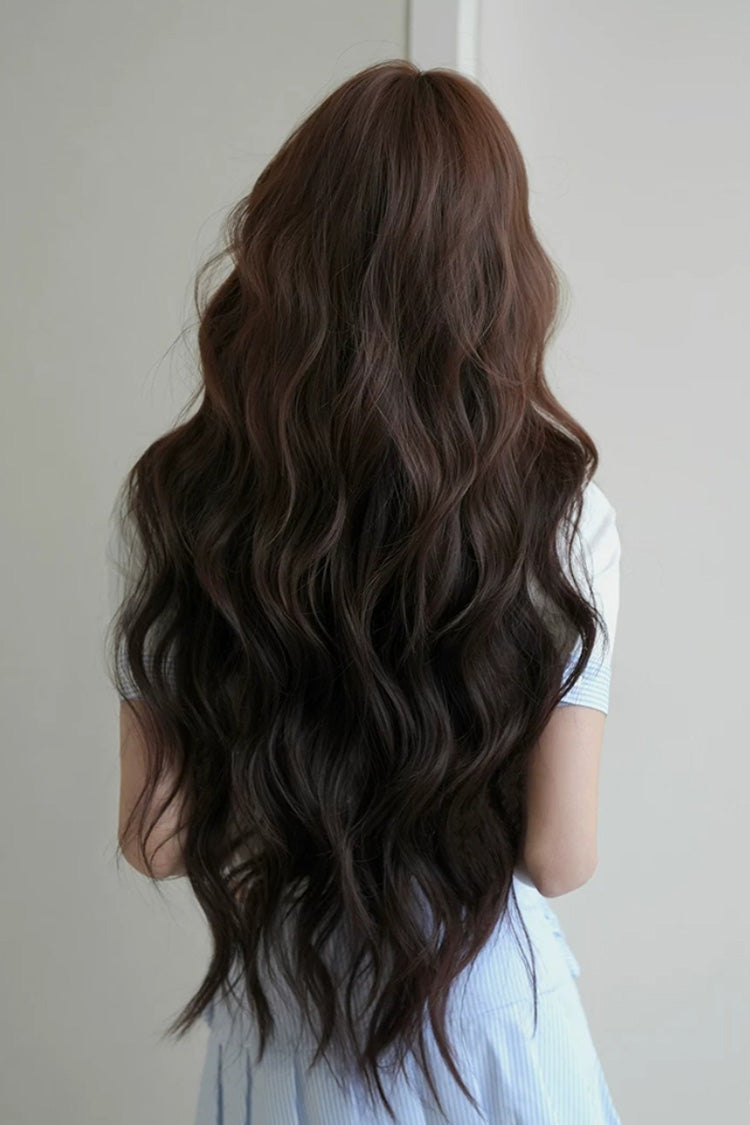 Light-Root Chestnut Brown Ombre Natural Fluffy Long Big Wavy Sweet Lolita Wig with Air Bangs - Product - 3