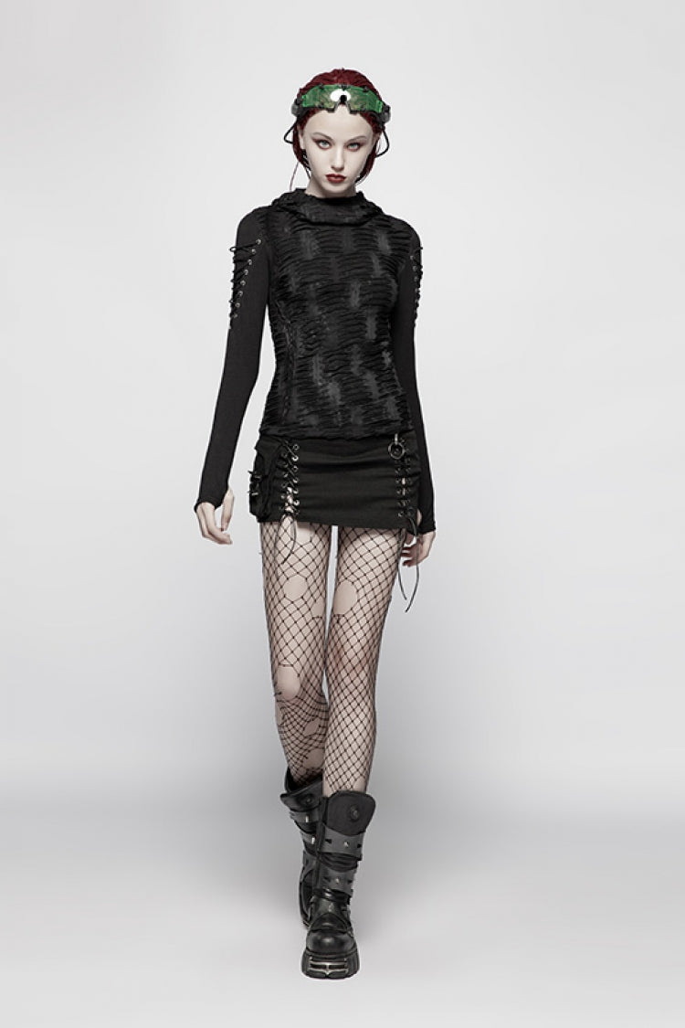 Black Long Sleeves Slim Hooded Ripped Women's Steampunk T-Shirt - Product - 4
