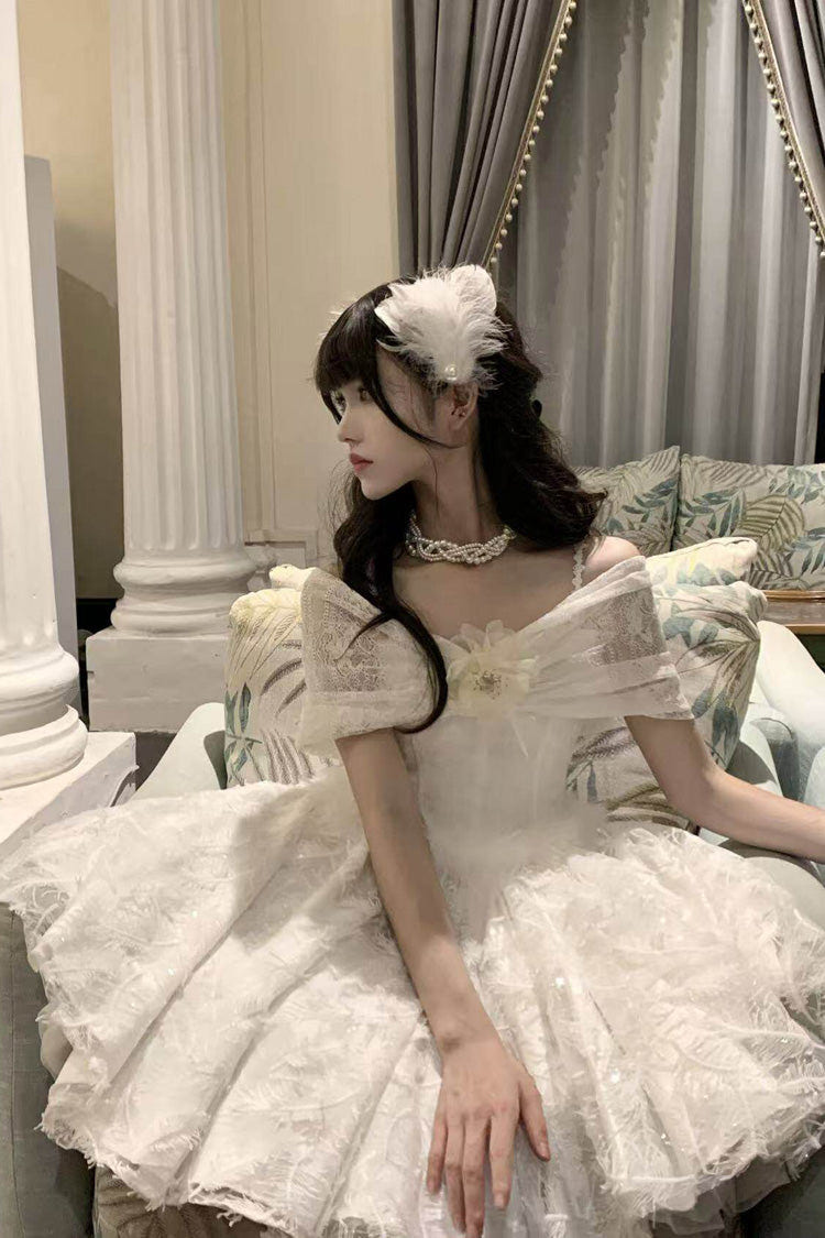 White [Moonlight] Off Shoulder Jacquard Embroidered Bow Gothic Lolita Jsk Short Dress - Product - 5