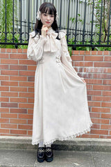 White Stand Collar Off Shoulder Long Sleeves Hollow Bowknot Slim Jirai Kei Japanese Dress - Product - 14