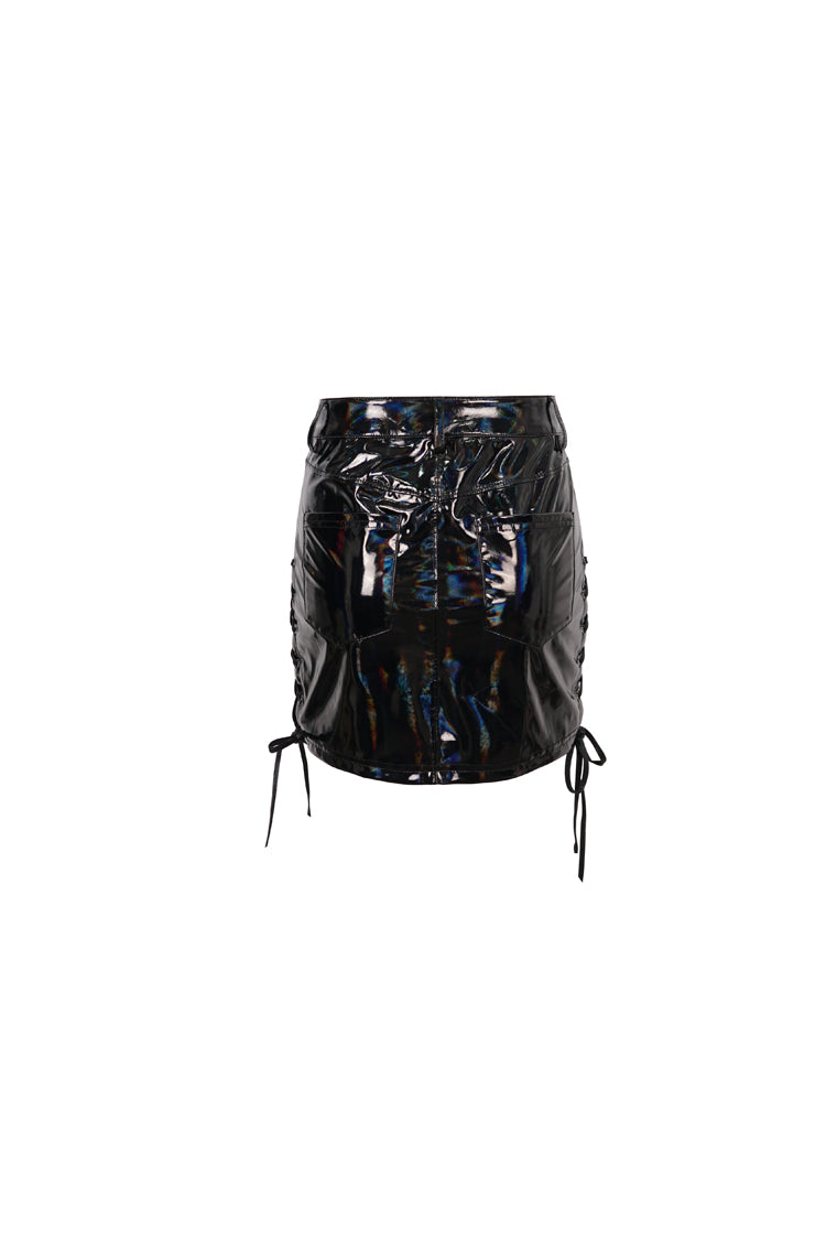 Black Iridescent Mirrored Side Slit Adjustable Women's Gothic Skirt - Product - 8