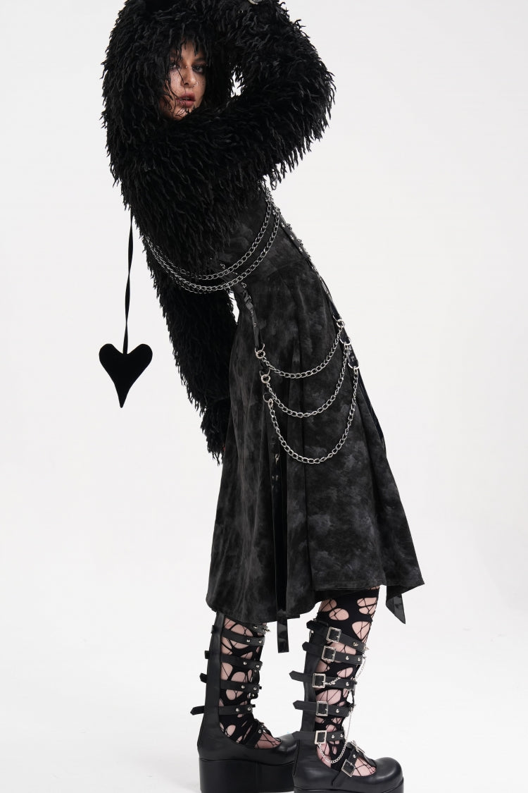 Black Long Sleeves Hooded Women's Gothic Chain Buckle-up Horn Cape - Product - 5