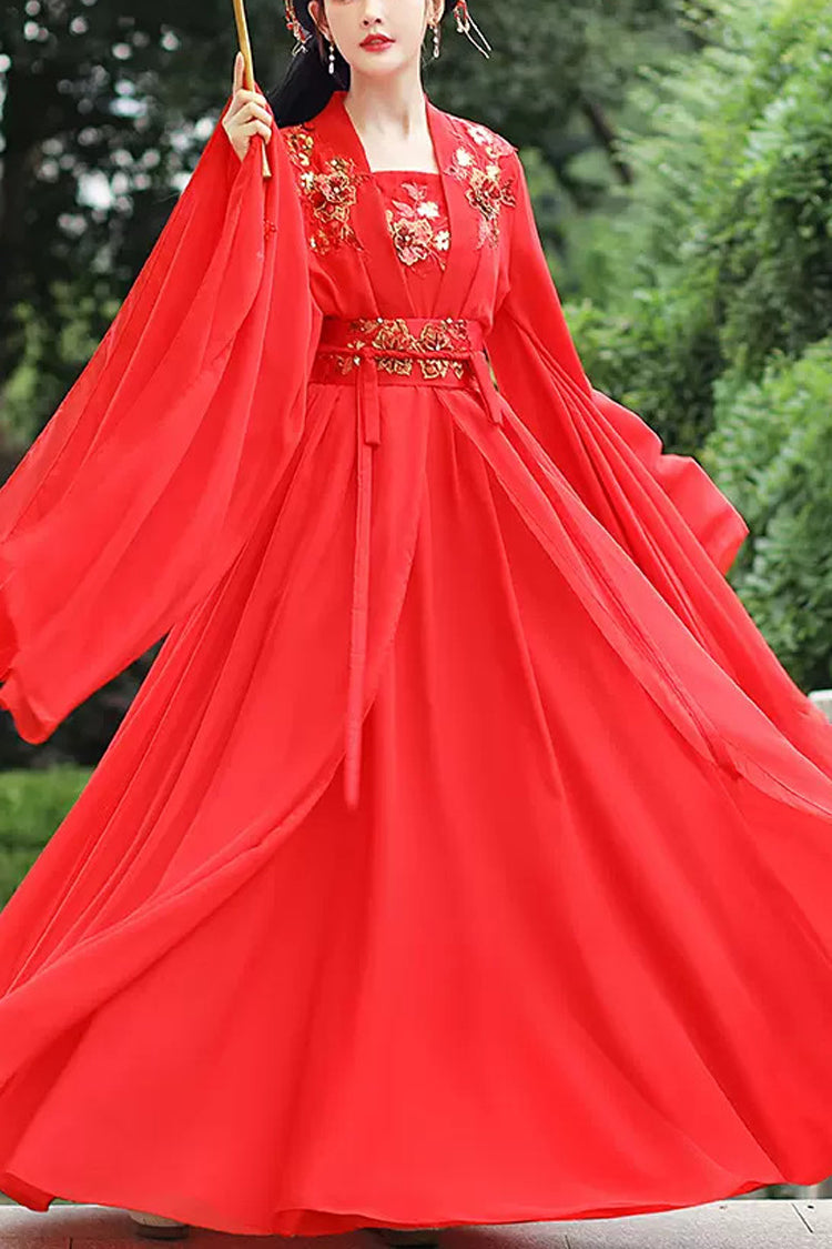 Red Hot Stamping Embroidery Women's Classic Chinese Style Hanfu Dress - Red - 1