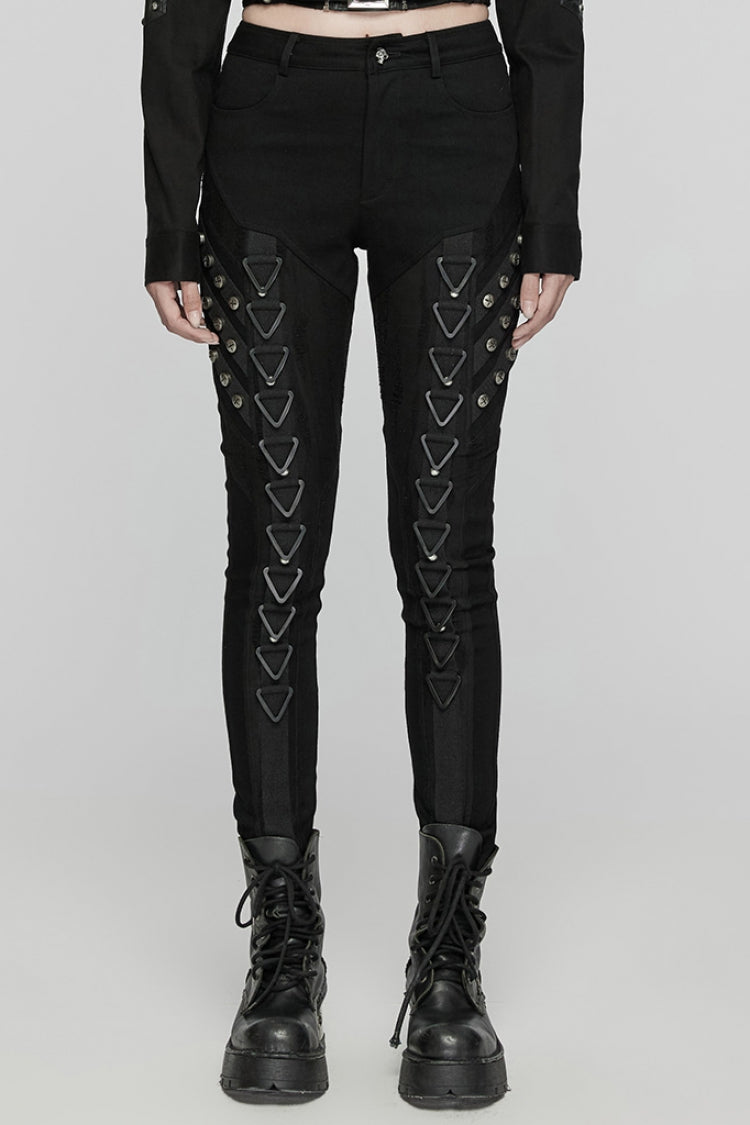 Black Triangular Stitching Mesh Buckle Women's Punk Pants - Black - 1
