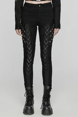 Black Triangular Stitching Mesh Buckle Women's Punk Pants - Black - 1