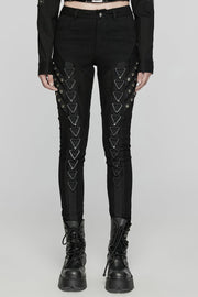 Black Triangular Stitching Mesh Buckle Women's Punk Pants - Black - 1