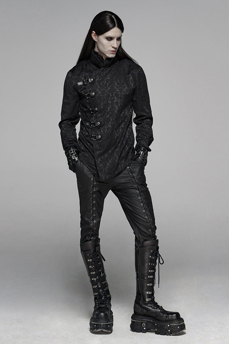 Black Stand Collar Long Sleeves Print Buckle Men's Punk Blouse - Product - 4