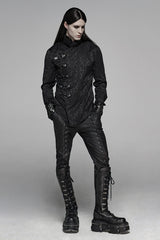 Black Stand Collar Long Sleeves Print Buckle Men's Punk Blouse - Product - 4