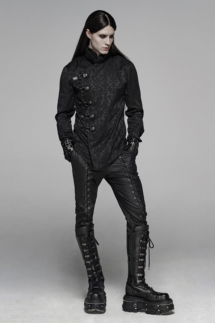 Black Stand Collar Long Sleeves Print Buckle Men's Punk Blouse - Product - 4