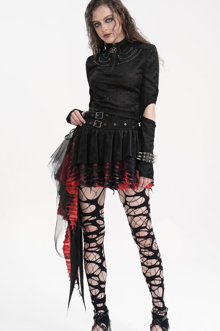 Black/Red Stitching Irregular Mesh Women's Gothic Skirt - Product - 6