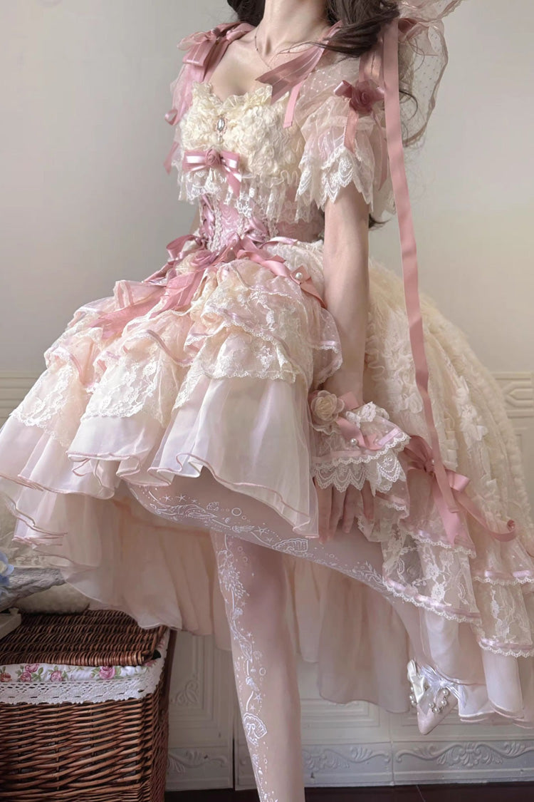 Pink [Diane Rose] Short Sleeves Multi-Layered Jacquard Ruffle Hanayome Cardigan Bowknot Lace Sweet Lolita Dress - Product - 8