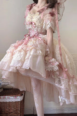 Pink [Diane Rose] Short Sleeves Multi-Layered Jacquard Ruffle Hanayome Cardigan Bowknot Lace Sweet Lolita Dress - Product - 8