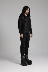 Black V Collar Long Sleeves Hooded Overlaping Mesh Men's Punk T-Shirt - Product - 2