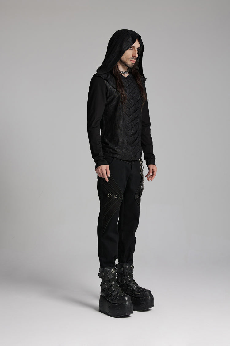 Black V Collar Long Sleeves Hooded Overlaping Mesh Men's Punk T-Shirt - Product - 2